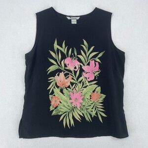 Nygard Collection 100% Silk Sleeveless Top Black Pink Floral Lily Shell Womens 1